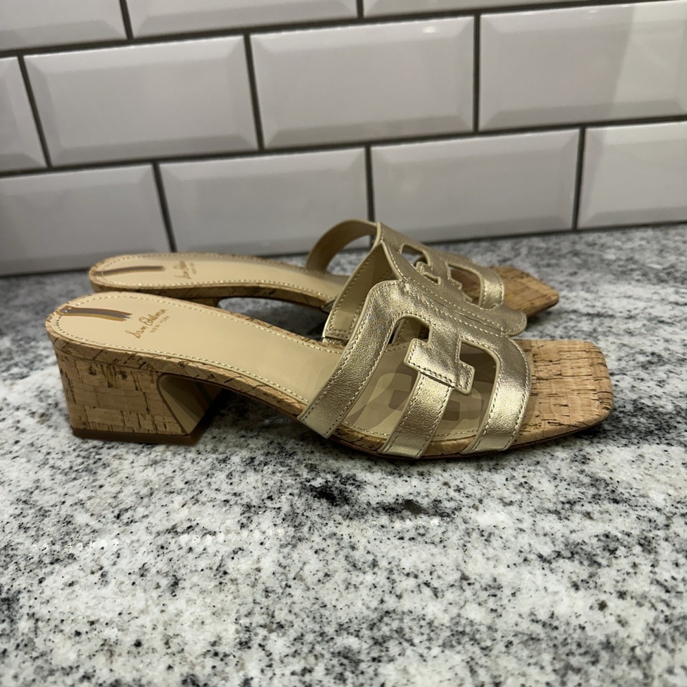 Sam Edelman Sandals Womens 9 Gold‎ Herl Slip On Winslow Saddle Nice Cork Heels